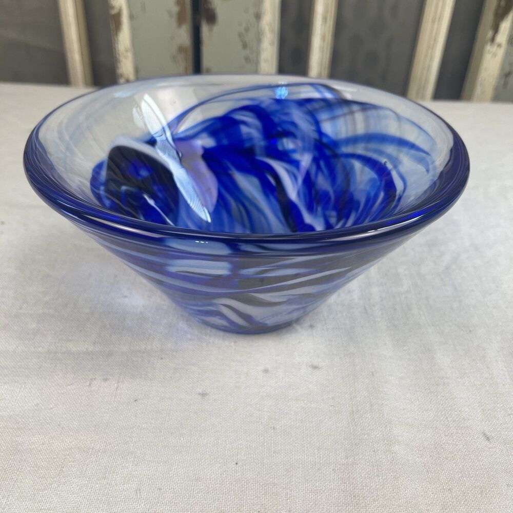 Kosta Boda Swedish Art Glass Bowl Cobalt Blue Swirl Signed Modern Scandinavian - Picture 2 of 8